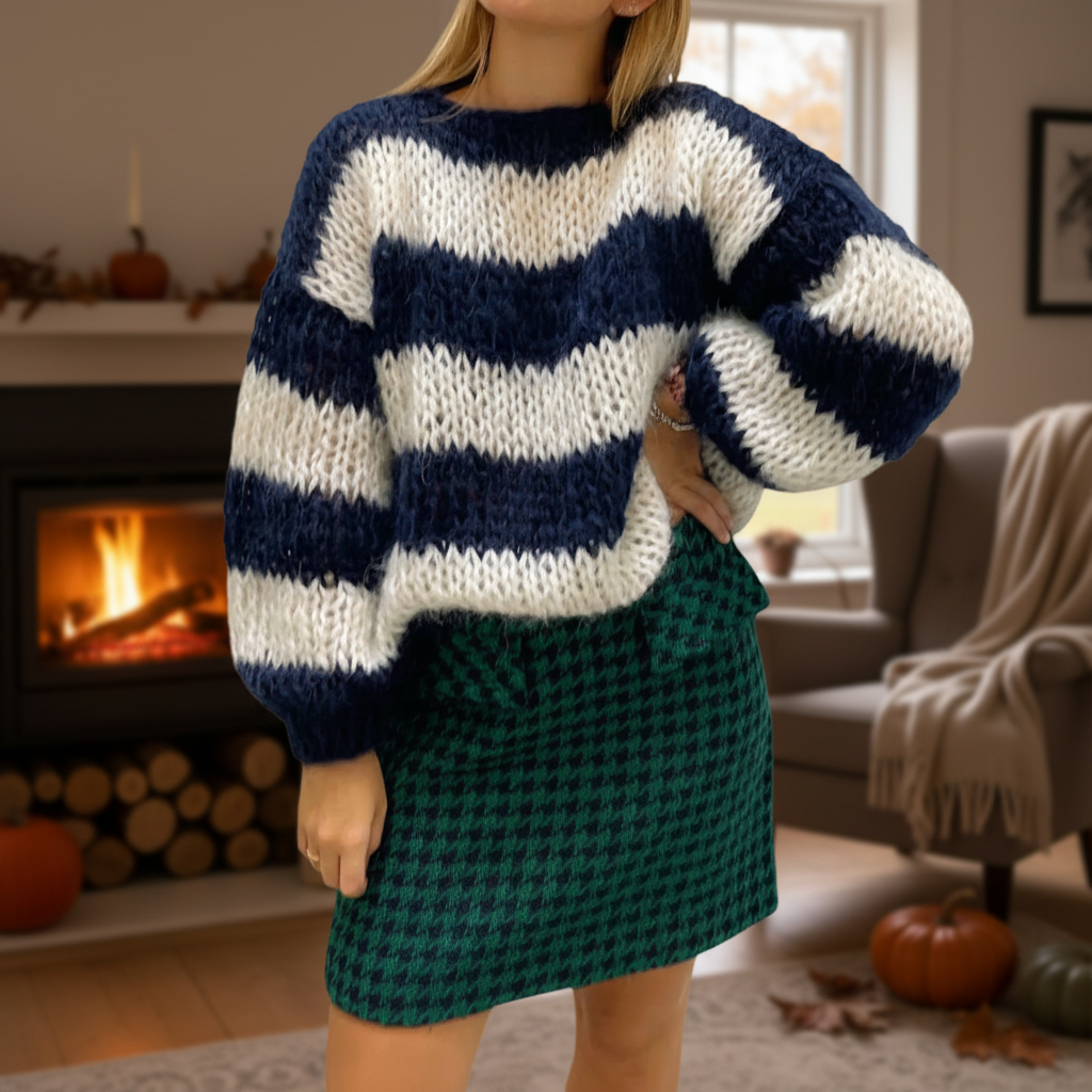 Ada | Women's Chunky Knit Striped Jumper Balloon Sleeves Crew Neck