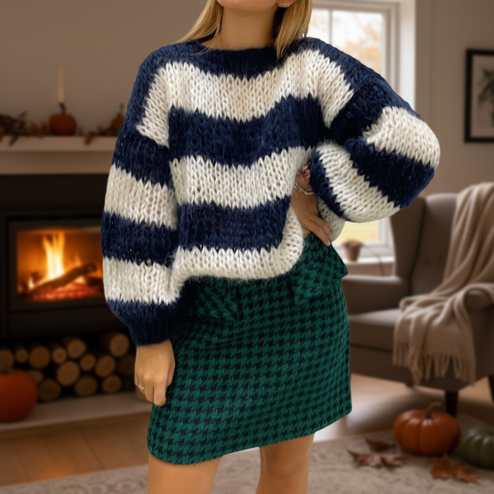 Ada | Women's Chunky Knit Striped Jumper Balloon Sleeves Crew Neck