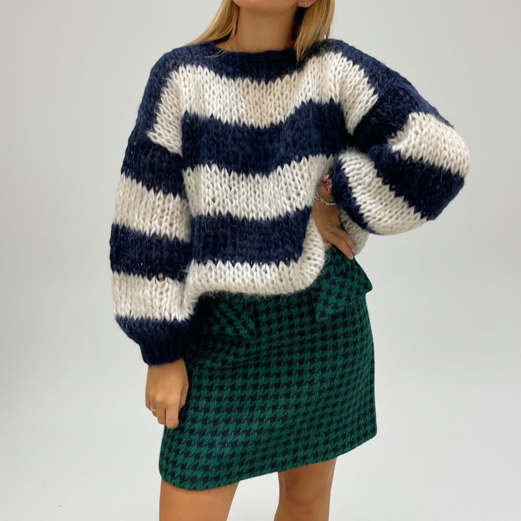 Ada | Women's Chunky Knit Striped Jumper Balloon Sleeves Crew Neck