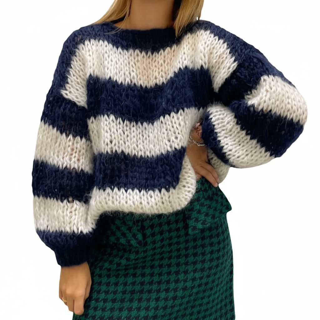 Ada | Women's Chunky Knit Striped Jumper Balloon Sleeves Crew Neck