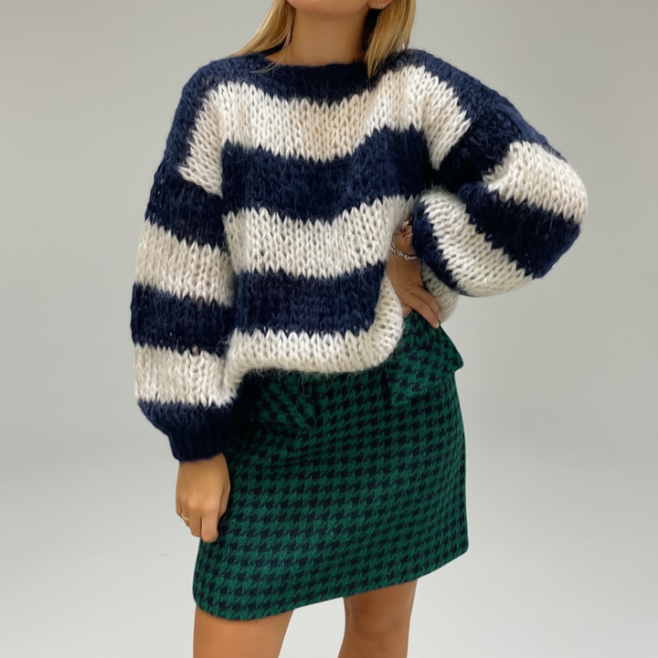 Ada | Women's Chunky Knit Striped Jumper Balloon Sleeves Crew Neck
