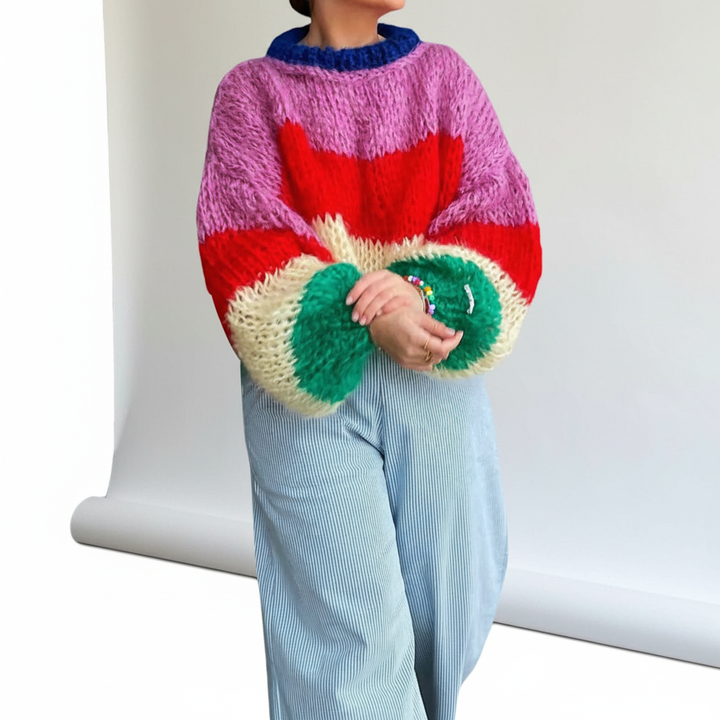 Ada | Women's Chunky Knit Striped Jumper Balloon Sleeves Crew Neck