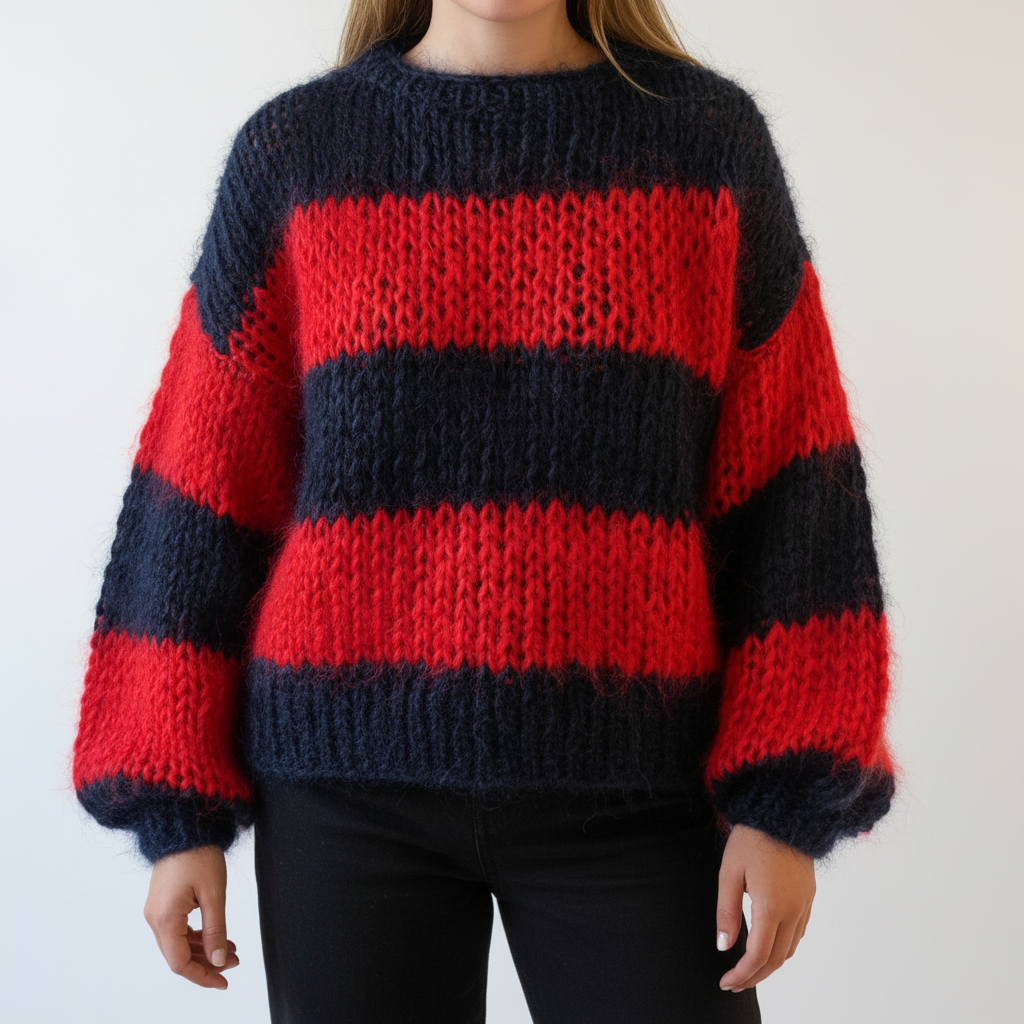 Ada | Women's Chunky Knit Striped Jumper Balloon Sleeves Crew Neck