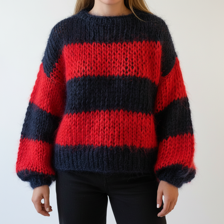 Ada | Women's Chunky Knit Striped Jumper Balloon Sleeves Crew Neck