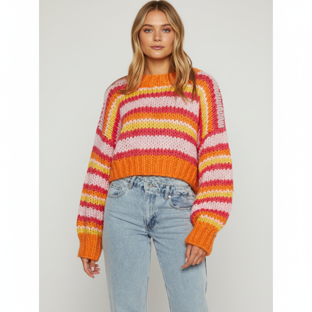 Ada | Women's Chunky Knit Striped Jumper Balloon Sleeves Crew Neck