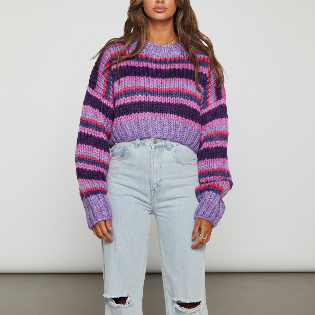 Ada | Women's Chunky Knit Striped Jumper Balloon Sleeves Crew Neck