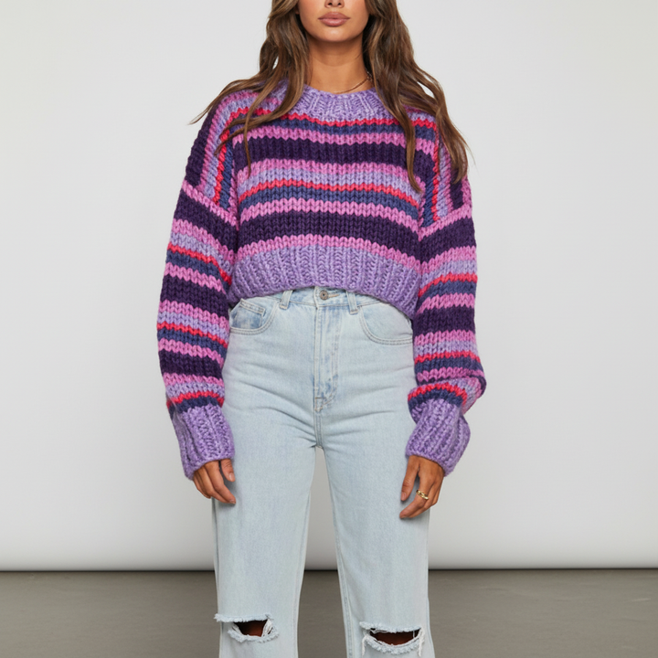 Ada | Women's Chunky Knit Striped Jumper Balloon Sleeves Crew Neck