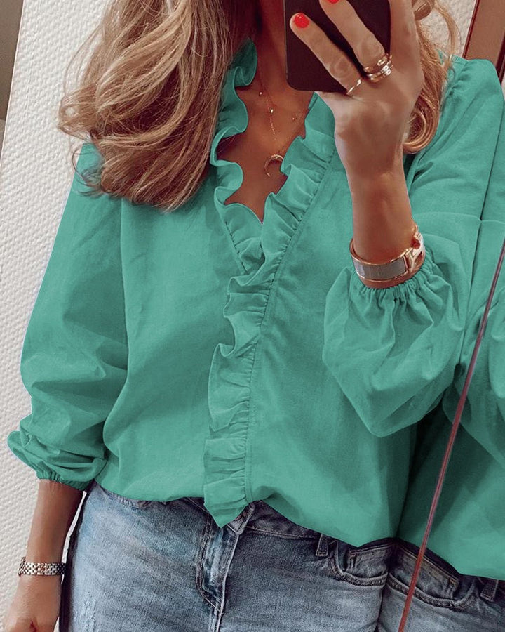 Hazel | Women's V-Neck Blouse Frilled Long Sleeves Straight Cut