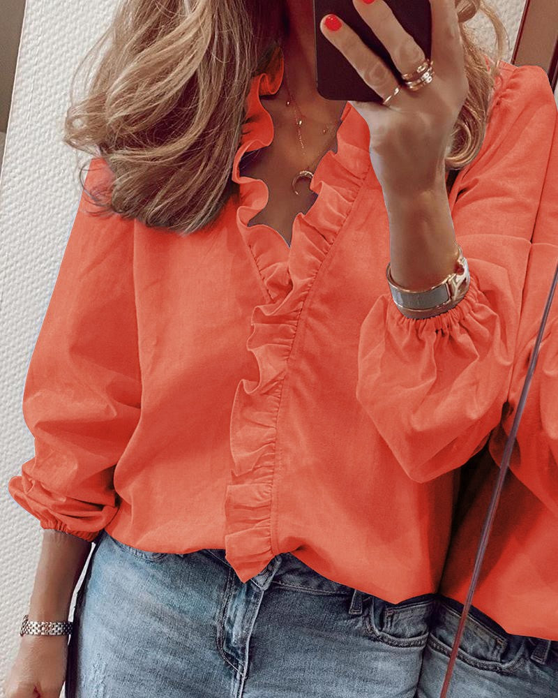 Hazel | Women's V-Neck Blouse Frilled Long Sleeves Straight Cut