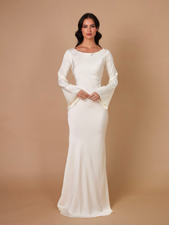 Sadie | Women's Long-Sleeve Satin Maxi Dress Empire Waist A-Line