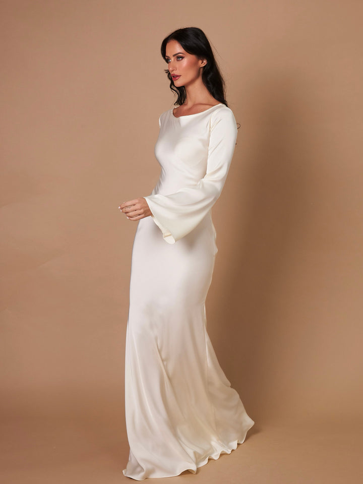 Sadie | Women's Long-Sleeve Satin Maxi Dress Empire Waist A-Line
