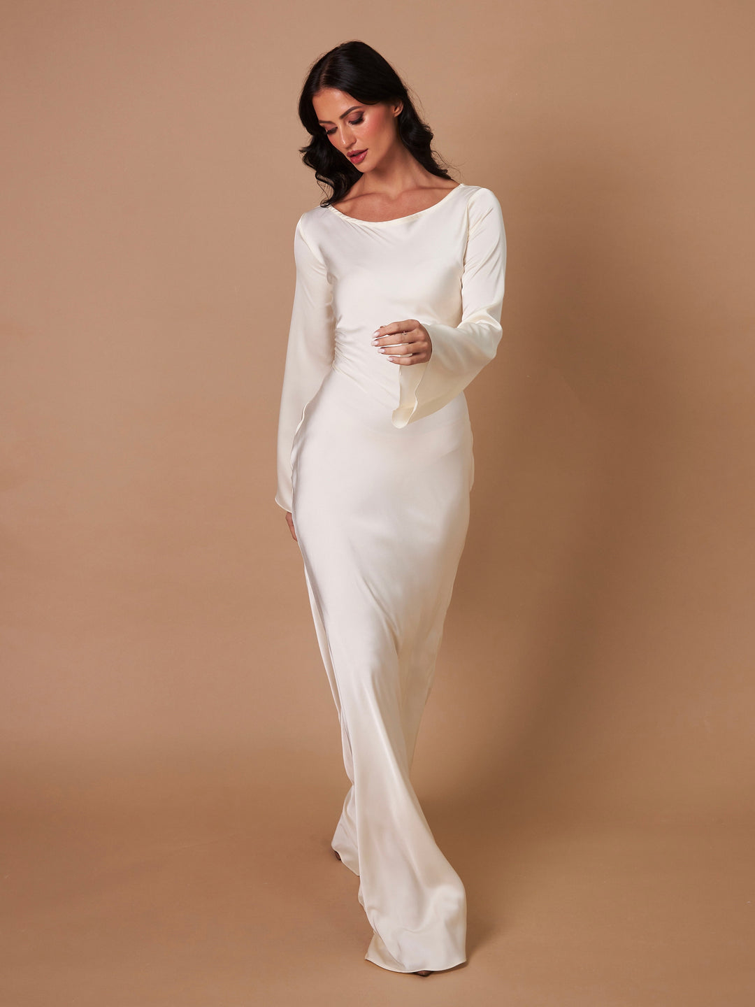 Sadie | Women's Long-Sleeve Satin Maxi Dress Empire Waist A-Line
