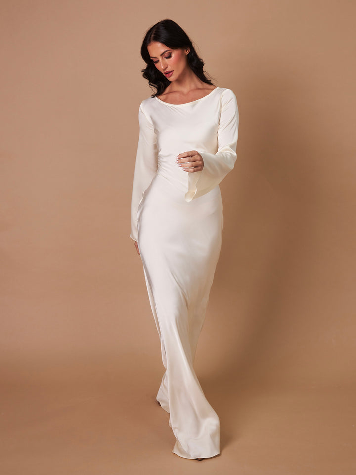 Sadie | Women's Long-Sleeve Satin Maxi Dress Empire Waist A-Line