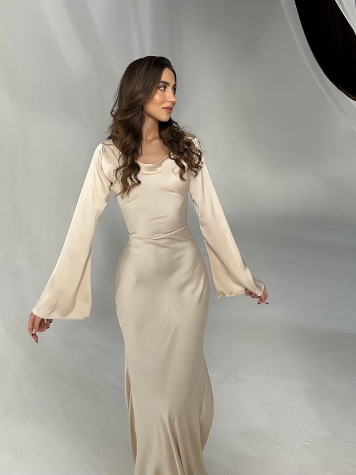 Sadie | Women's Long-Sleeve Satin Maxi Dress Empire Waist A-Line