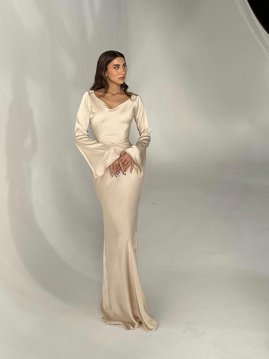 Sadie | Women's Long-Sleeve Satin Maxi Dress Empire Waist A-Line