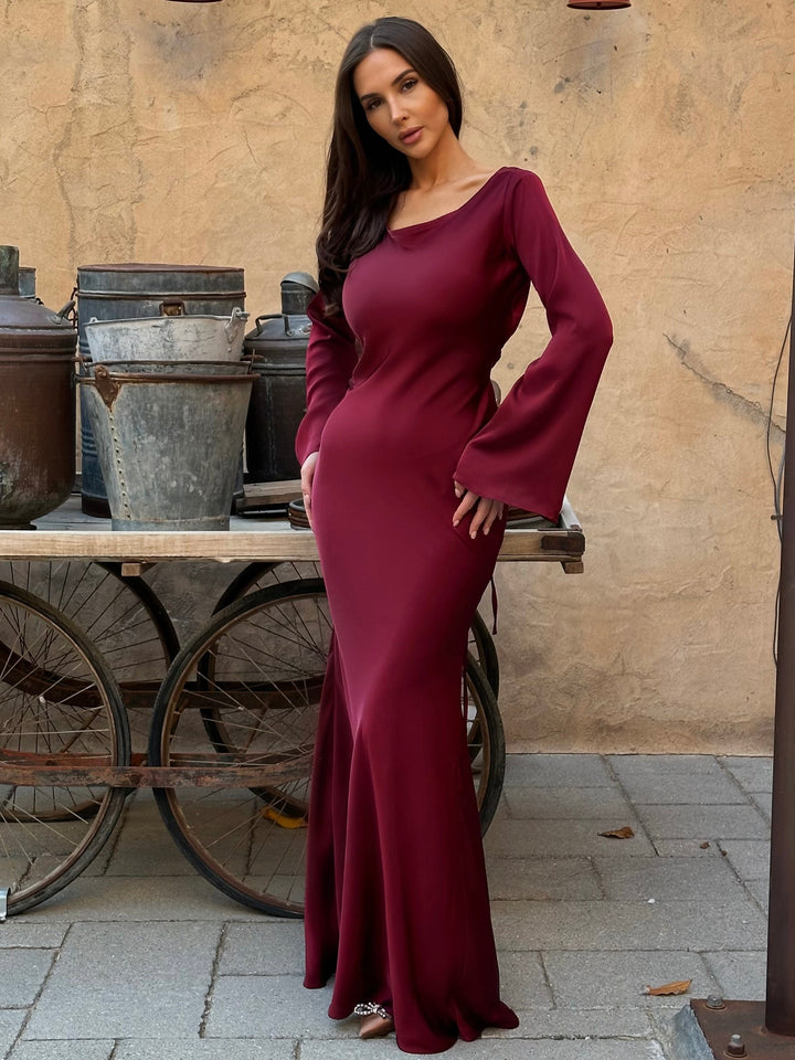 Sadie | Women's Long-Sleeve Satin Maxi Dress Empire Waist A-Line