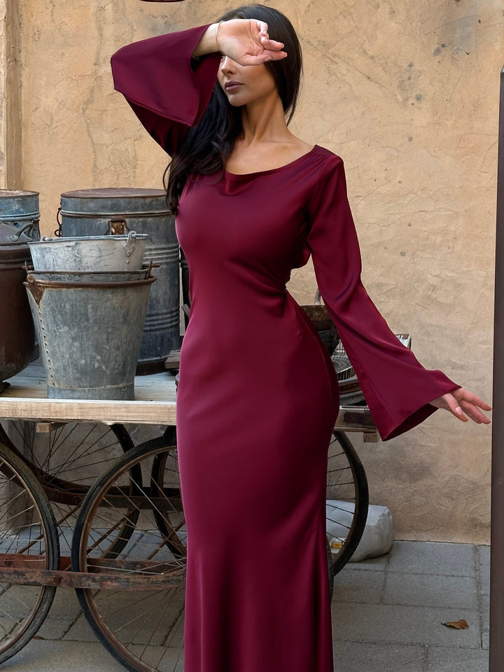 Sadie | Women's Long-Sleeve Satin Maxi Dress Empire Waist A-Line