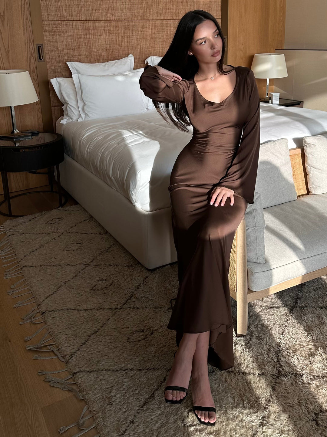 Sadie | Women's Long-Sleeve Satin Maxi Dress Empire Waist A-Line