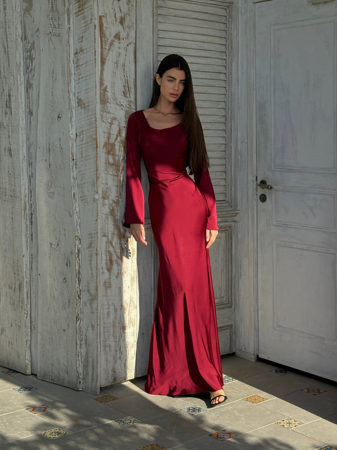Sadie | Women's Long-Sleeve Satin Maxi Dress Empire Waist A-Line