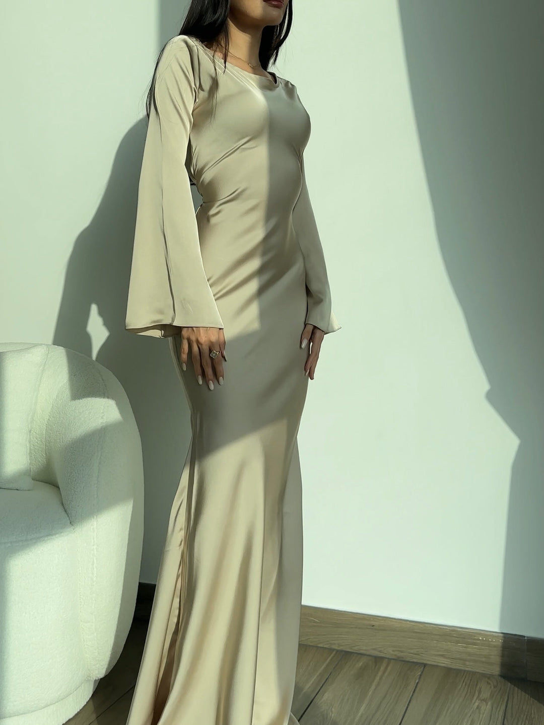 Sadie | Women's Long-Sleeve Satin Maxi Dress Empire Waist A-Line