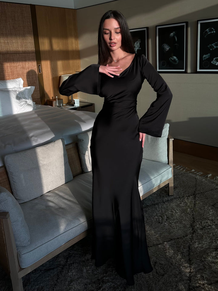 Sadie | Women's Long-Sleeve Satin Maxi Dress Empire Waist A-Line