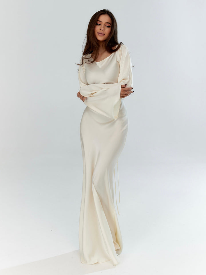 Sadie | Women's Long-Sleeve Satin Maxi Dress Empire Waist A-Line