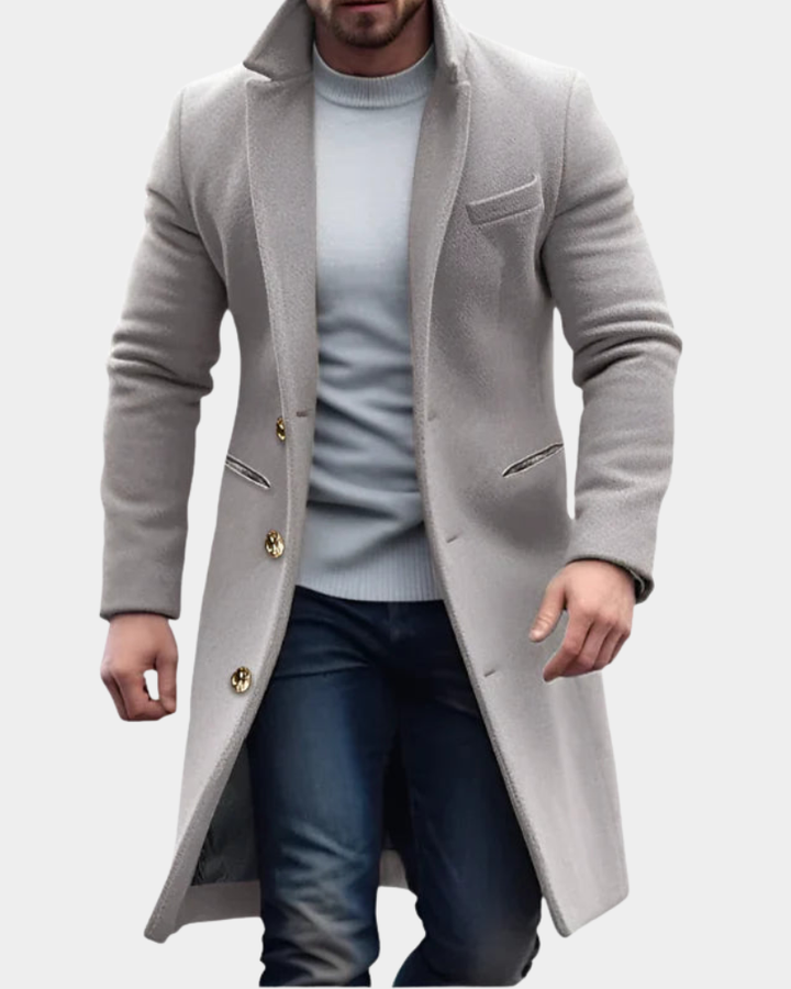 Merrick | Men's Longline Overcoat Notch Lapel Button Up Windproof