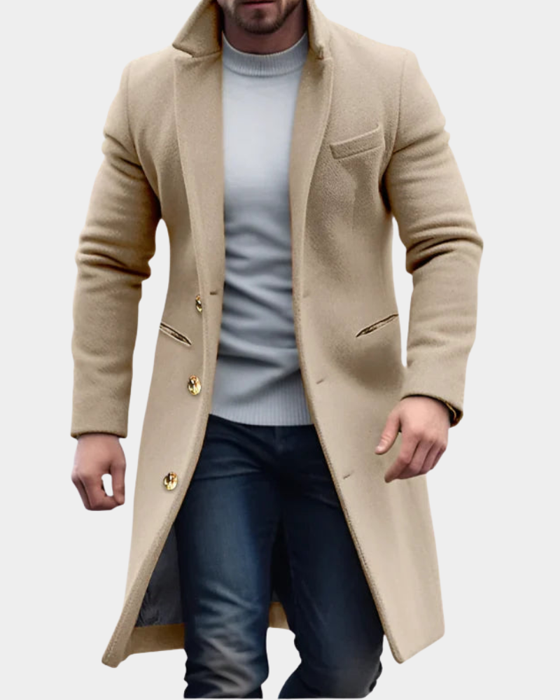 Merrick | Men's Longline Overcoat Notch Lapel Button Up Windproof