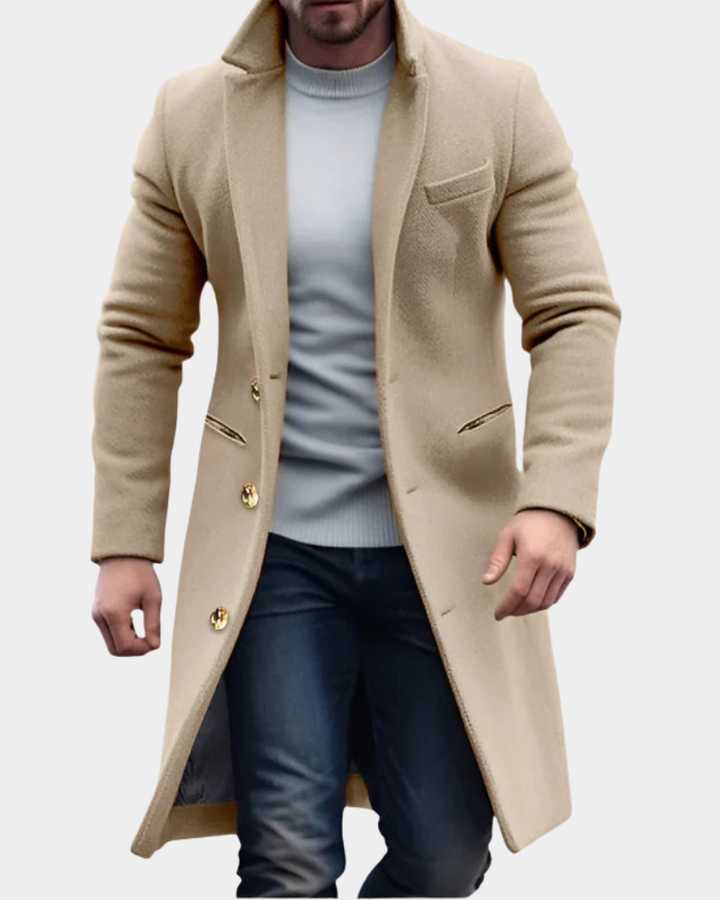 Merrick | Men's Longline Overcoat Notch Lapel Button Up Windproof