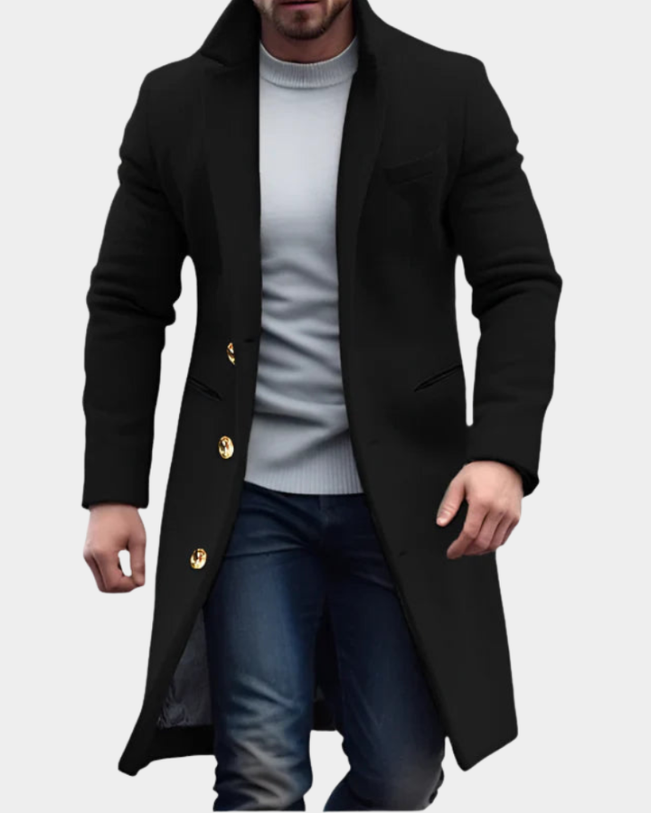 Merrick | Men's Longline Overcoat Notch Lapel Button Up Windproof