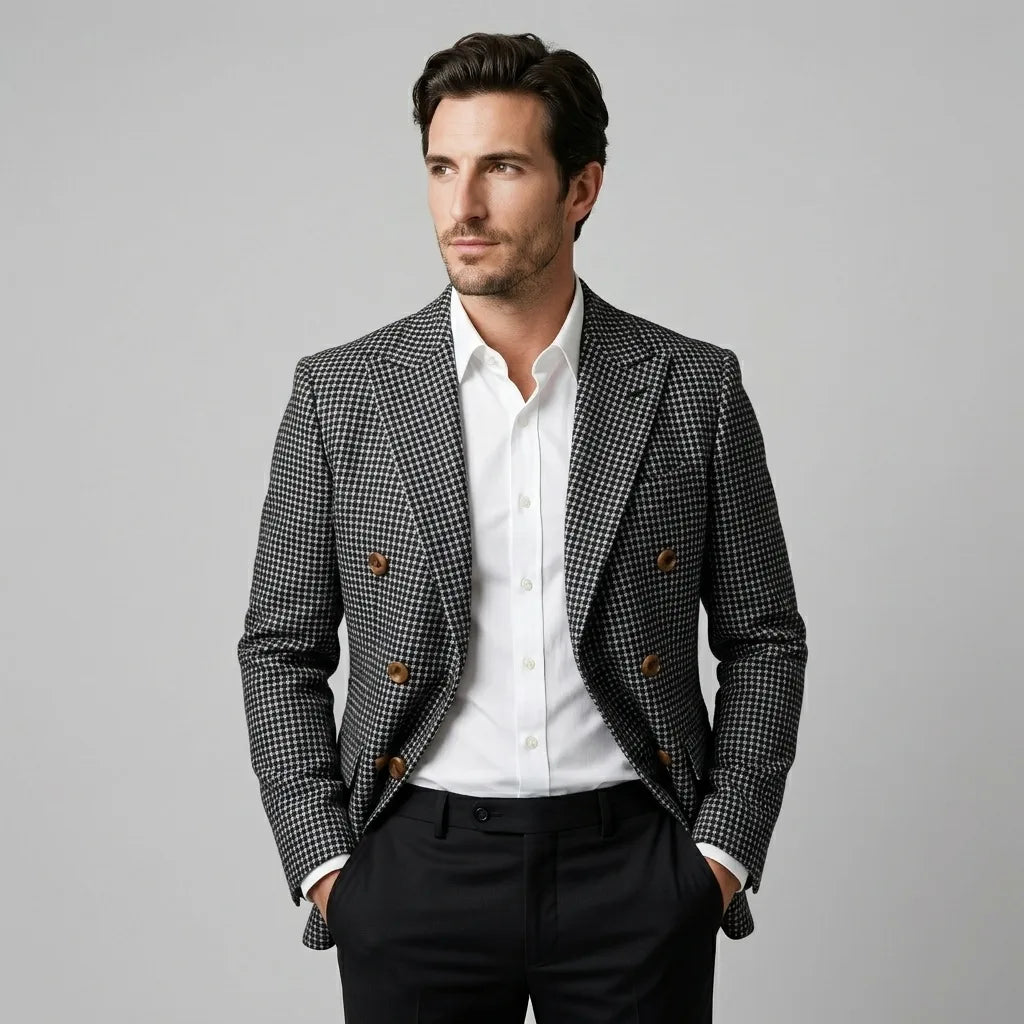 Double-breasted blazer with check pattern