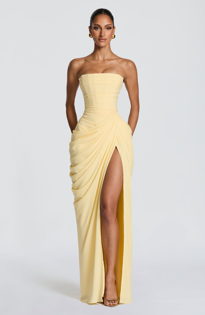 Olivia | Women's Strapless Corset Maxi Dress Draped Waist Leg Split