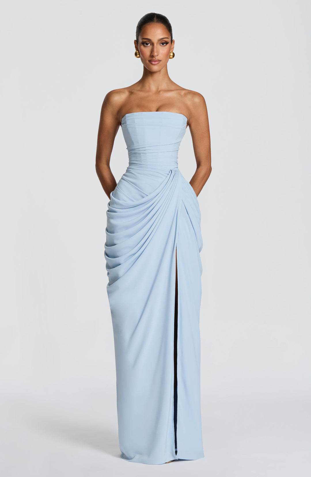 Olivia | Women's Strapless Corset Maxi Dress Draped Waist Leg Split