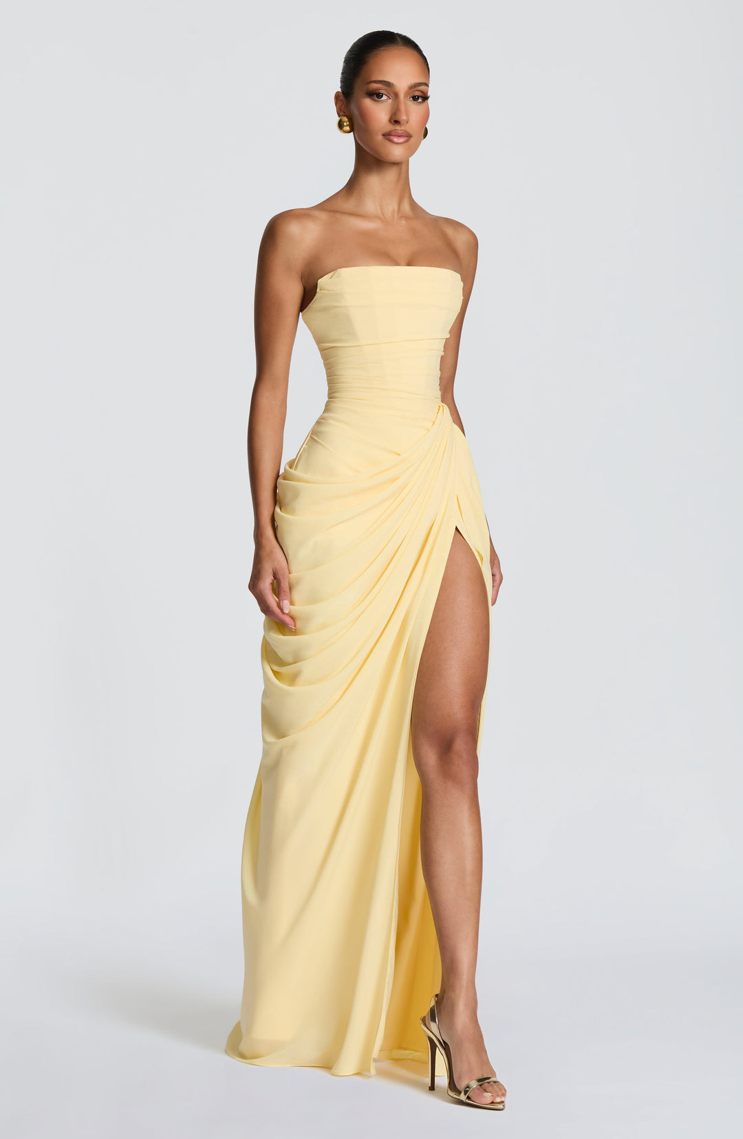 Olivia | Women's Strapless Corset Maxi Dress Draped Waist Leg Split