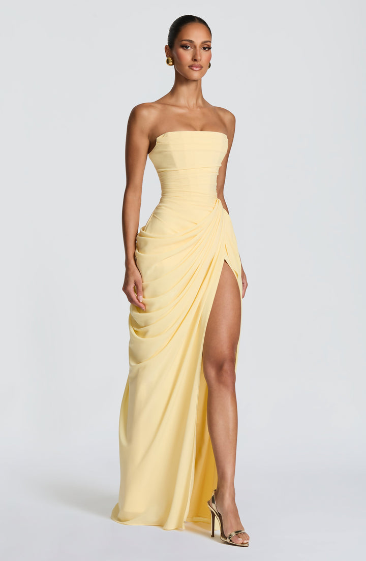 Olivia | Women's Strapless Corset Maxi Dress Draped Waist Leg Split