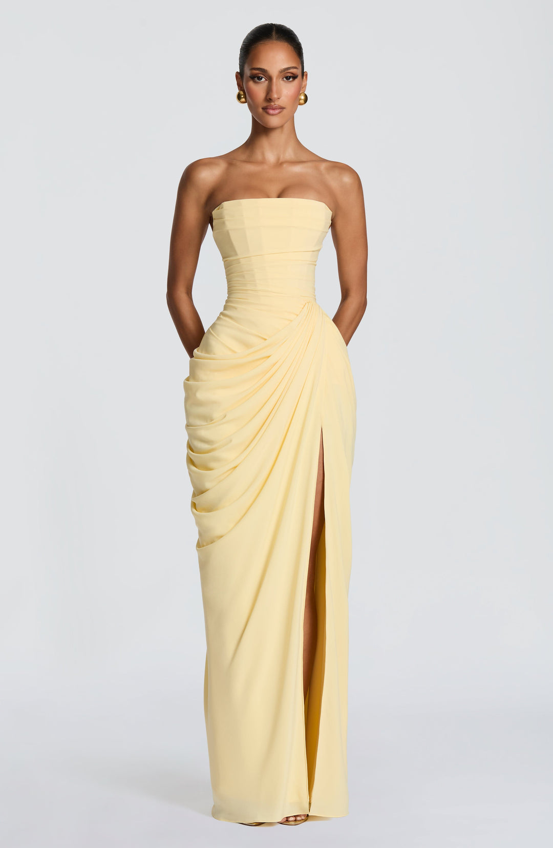 Olivia | Women's Strapless Corset Maxi Dress Draped Waist Leg Split