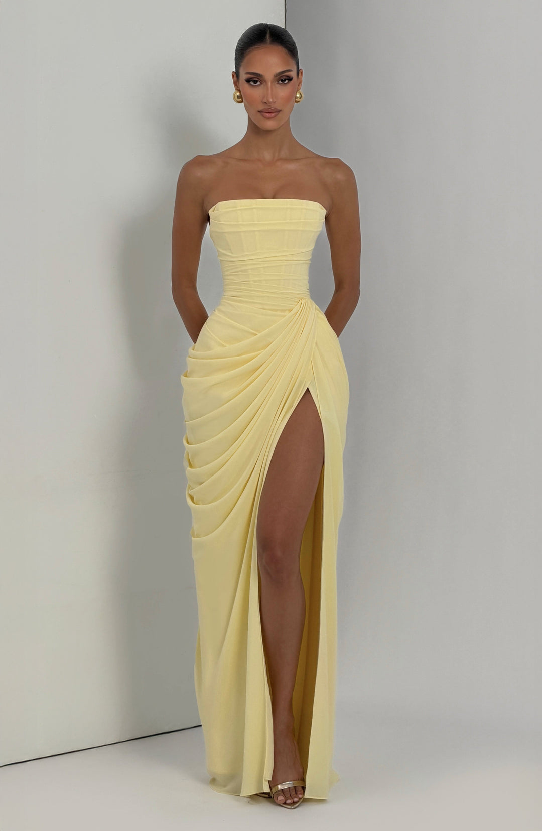 Olivia | Women's Strapless Corset Maxi Dress Draped Waist Leg Split