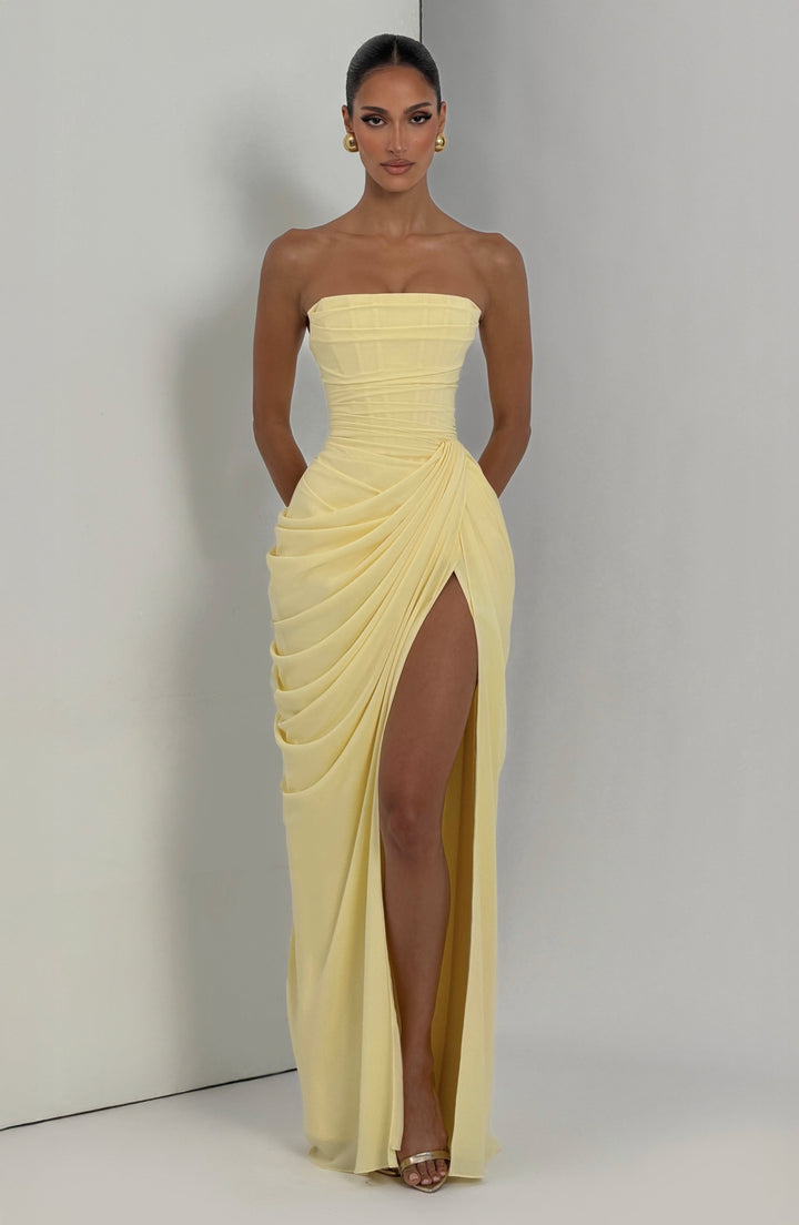 Olivia | Women's Strapless Corset Maxi Dress Draped Waist Leg Split