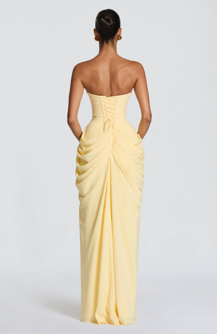 Olivia | Women's Strapless Corset Maxi Dress Draped Waist Leg Split