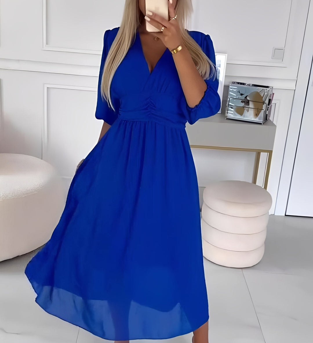 Maya | Women's Chiffon Midi Party Dress V-Neck Puff Sleeves