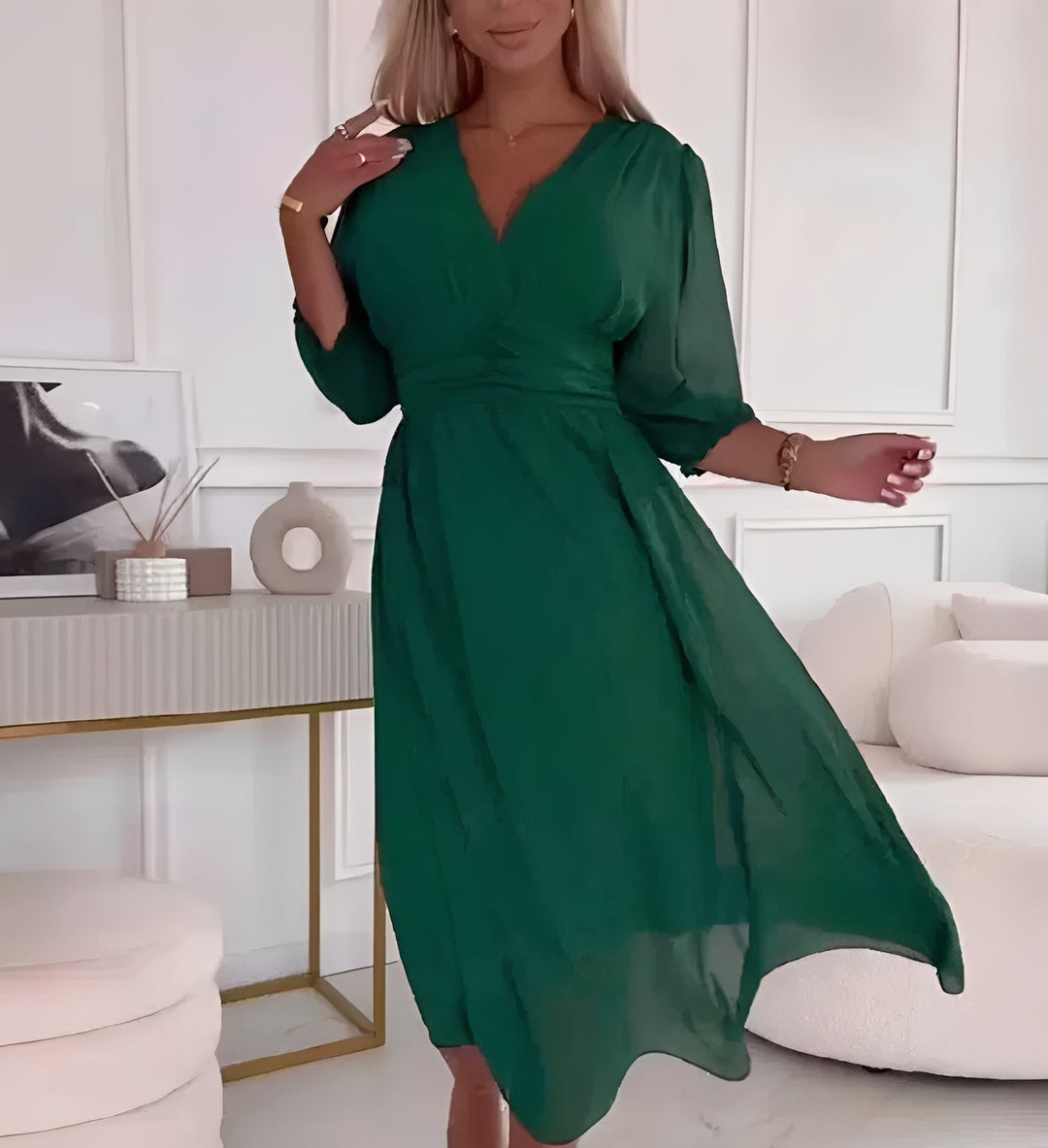 Maya | Women's Chiffon Midi Party Dress V-Neck Puff Sleeves