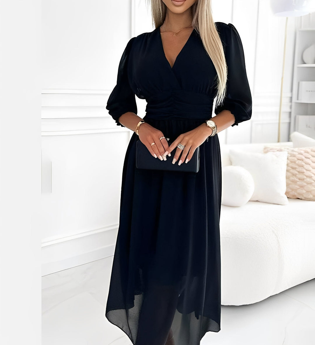 Maya | Women's Chiffon Midi Party Dress V-Neck Puff Sleeves
