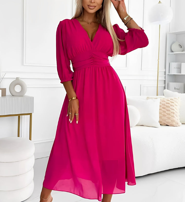 Maya | Women's Chiffon Midi Party Dress V-Neck Puff Sleeves
