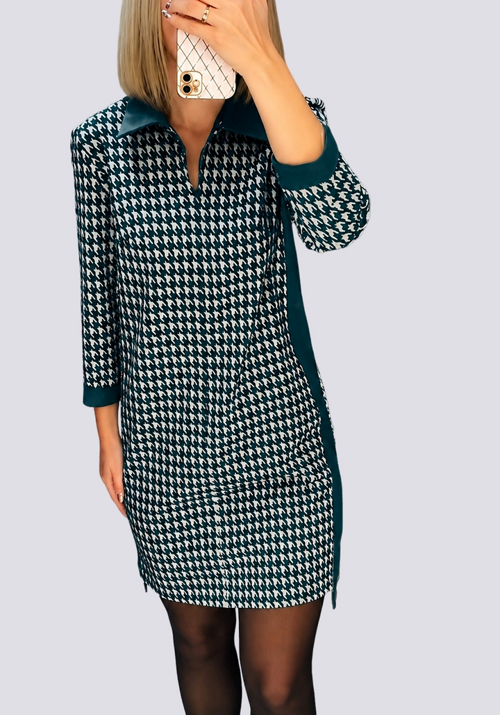 Mini Dress for Women with Houndstooth Pattern | Polo Collar & Zip