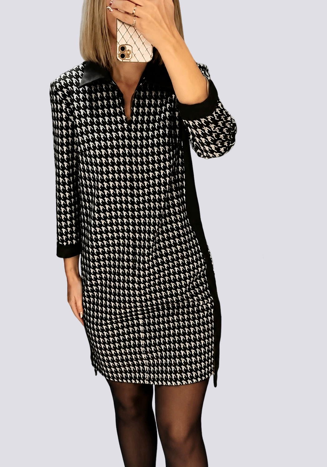 Mini Dress for Women with Houndstooth Pattern | Polo Collar & Zip