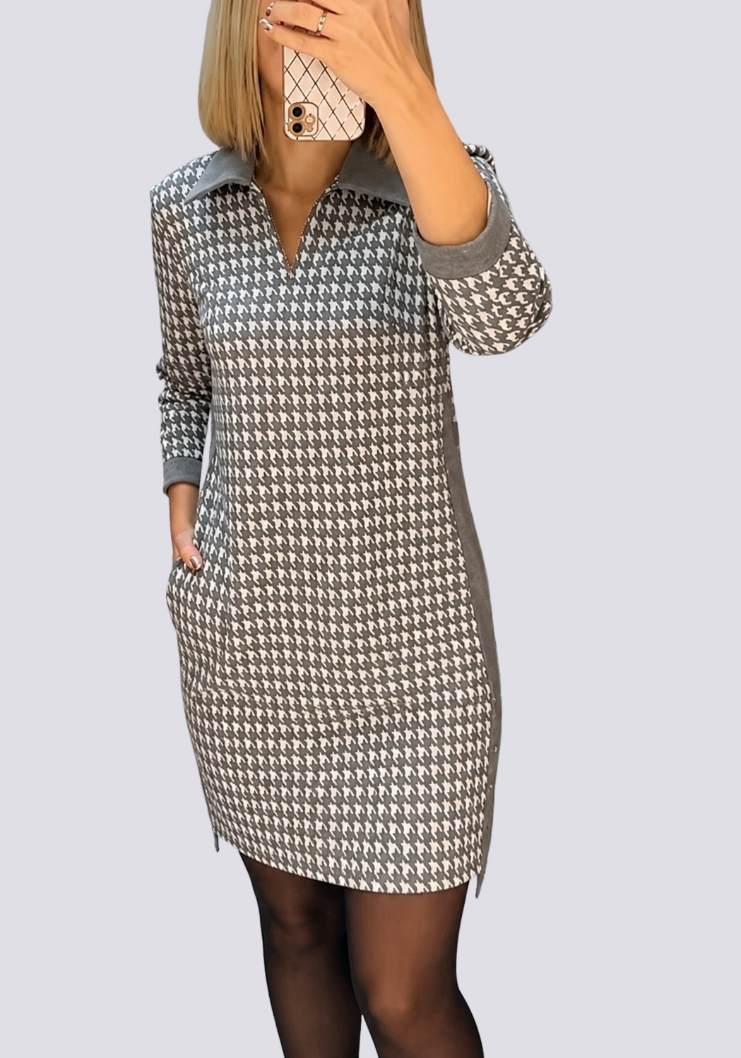 Mini Dress for Women with Houndstooth Pattern | Polo Collar & Zip