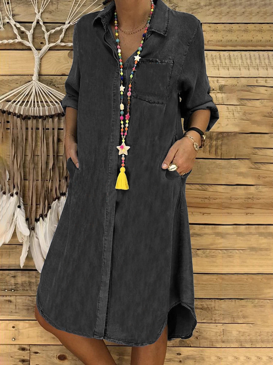 Angelika | Women's Denim Shirt Dress Relaxed Fit Chest Pocket