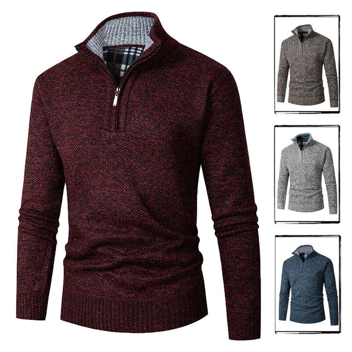 Bertram | Men's Chunky Knit Half-Zip Jumper Stand Collar Check Lining