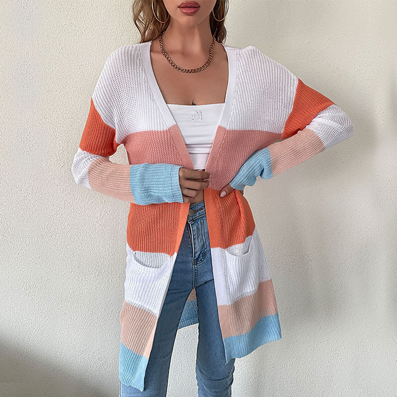 Harriet | Women's Long Open-Front Striped Cardigan with Pockets