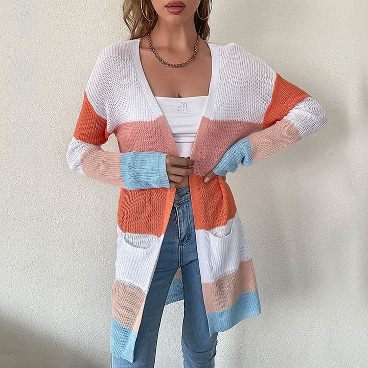 Harriet | Women's Long Open-Front Striped Cardigan with Pockets